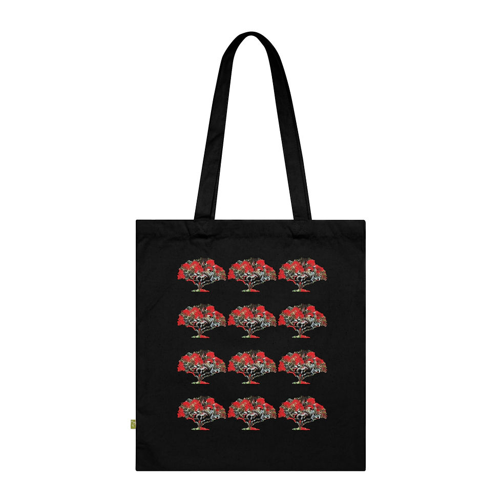 Thumbnail: organic cotton tote bag with unique pohutukawa tree graphic coloured by real photos of nature