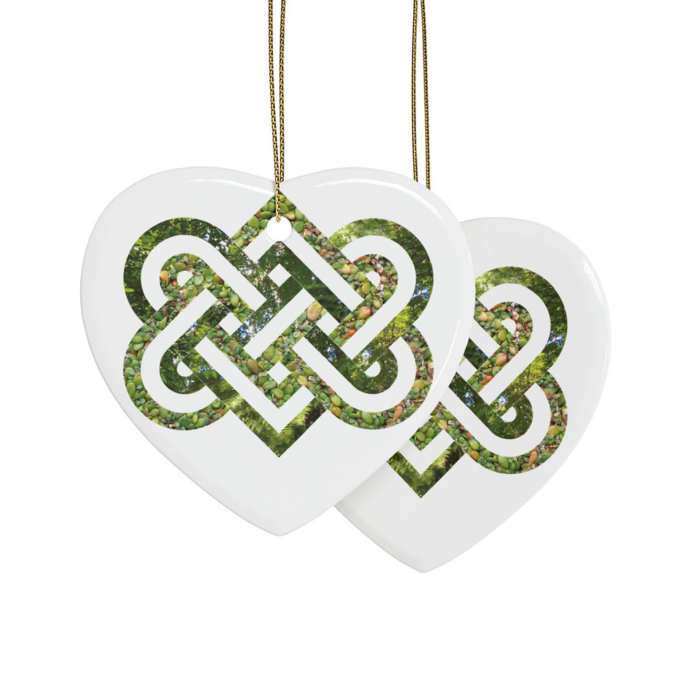 eco-friendly ceramic hanging ornaments with a Celtic-inspired knot of entwined hearts, by Nat-Ts