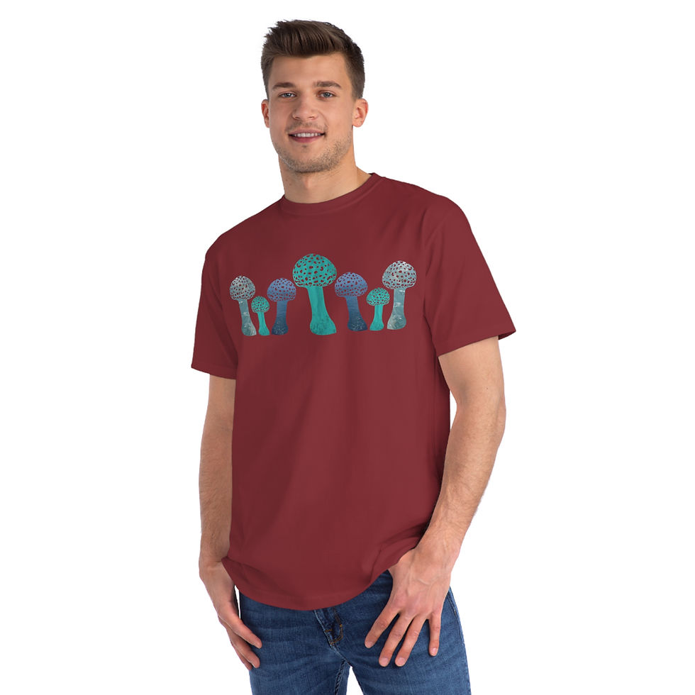 Thumbnail: organic cotton unisex adult t-shirt with vibrant toadstool design coloured by authentic photos of nature