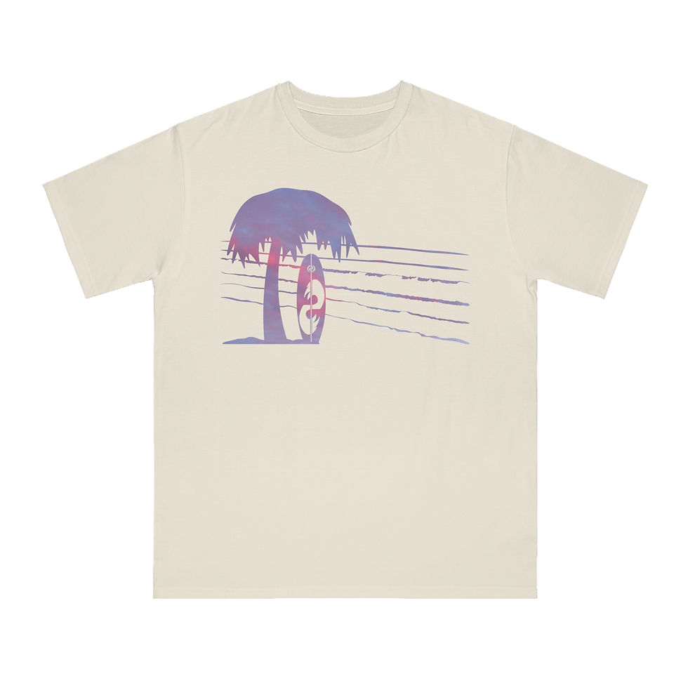 Thumbnail: organic cotton unisex adult t-shirt with tropical summer surfboard graphic coloured by a photo of nature