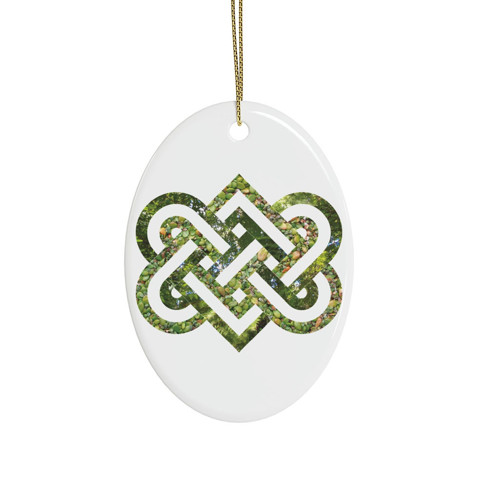 Thumbnail: eco-friendly ceramic hanging ornaments with a Celtic-inspired knot of entwined hearts, by Nat-Ts
