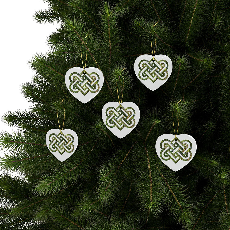 Thumbnail: eco-friendly ceramic hanging ornaments with a Celtic-inspired knot of entwined hearts, by Nat-Ts