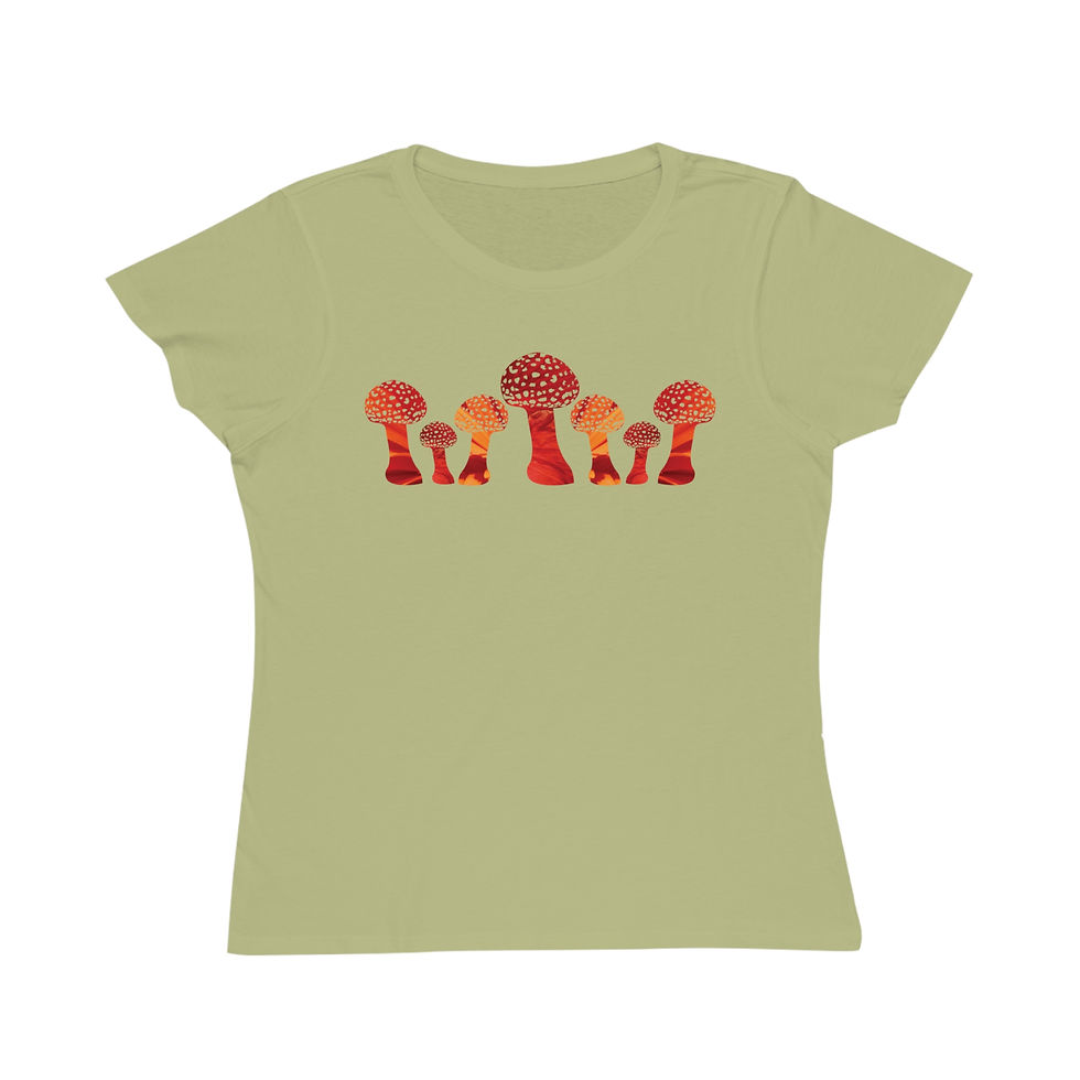 Thumbnail: organic cotton women's t-shirt with unique toadstool graphic coloured by photos of nature