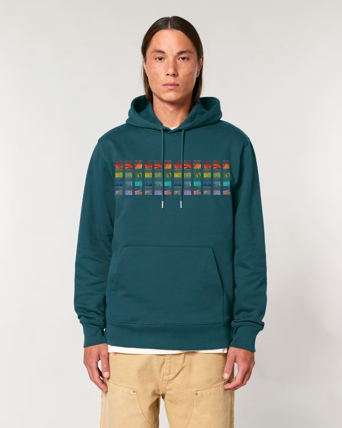 Organic cotton adult hoodie with unique test tubes science graphic coloured by photos of nature