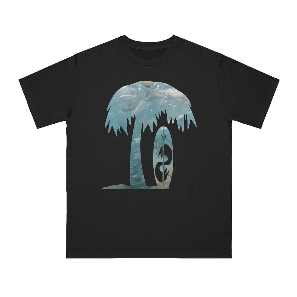 Thumbnail: organic cotton unisex adult t-shirt with tropical summer surfboard graphic coloured by a photo of nature