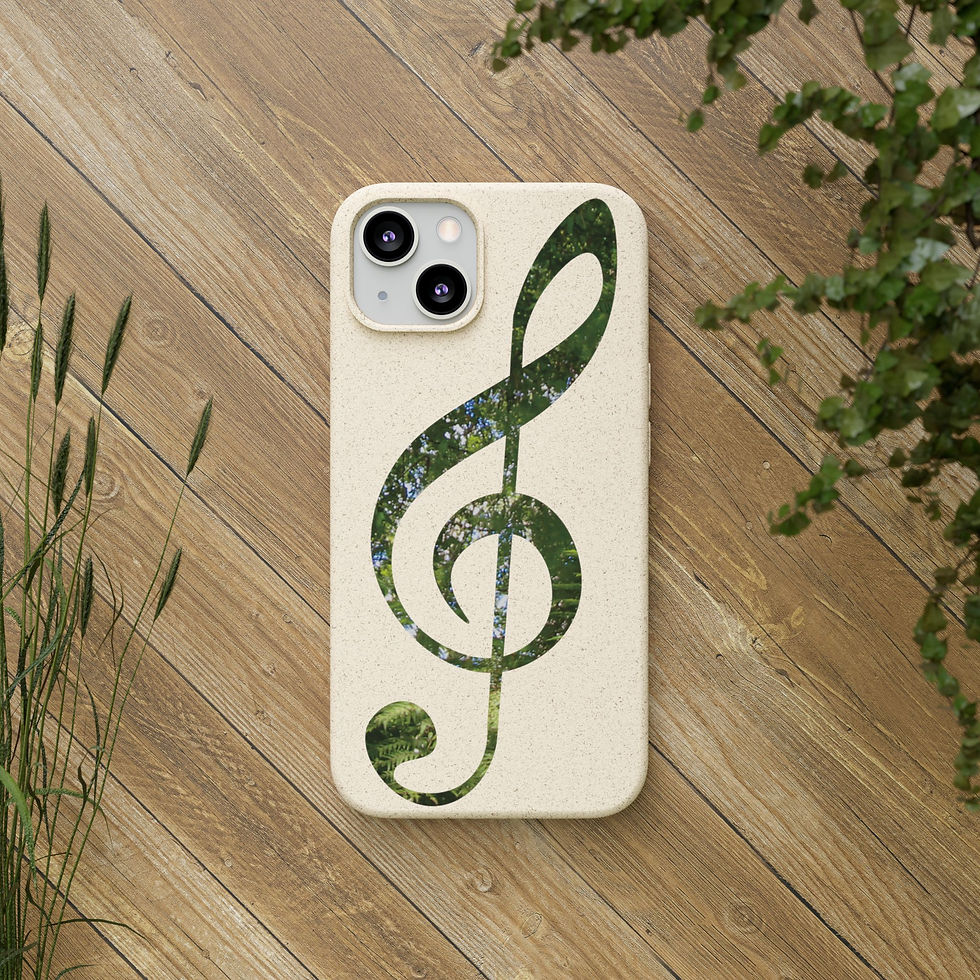 Thumbnail: biodegradable plastic-free phone case with graphic of a treble clef coloured by a real photo of nature