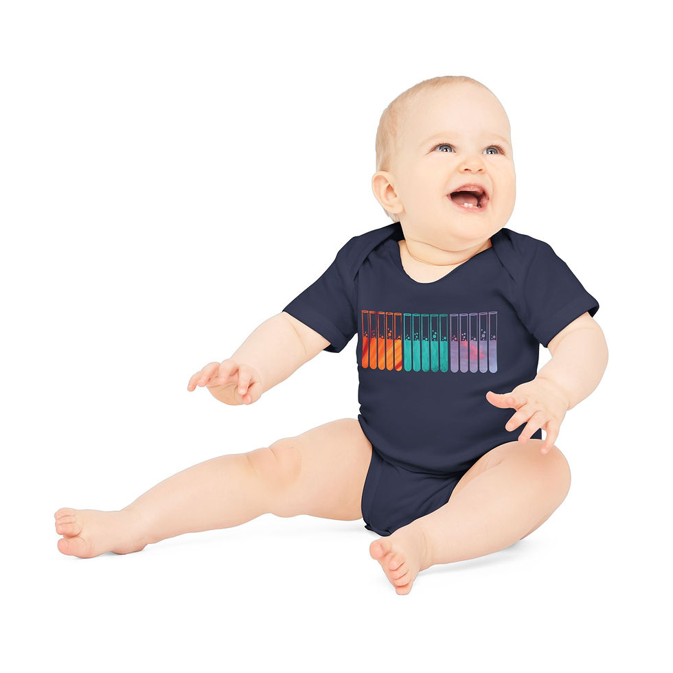 Thumbnail: organic cotton baby body suit with test tubes science graphic coloured by photos of nature