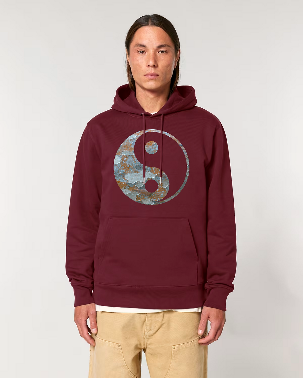 Thumbnail: organic cotton adult hoodie with Yin Yang graphic coloured by a photo of nature