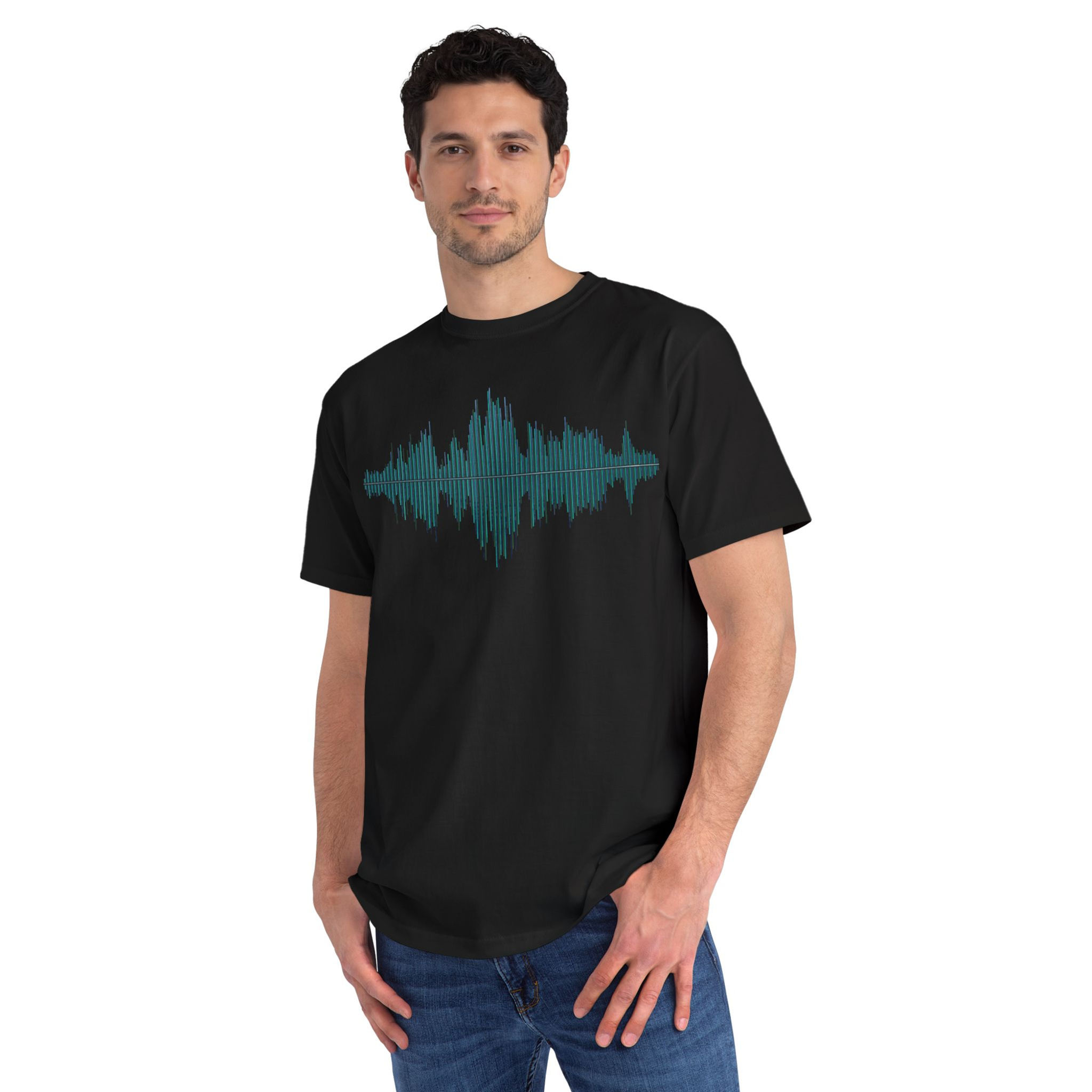 organic cotton unisex adult t-shirt with vibrant music soundwave graphic coloured by unfiltered photos of nature