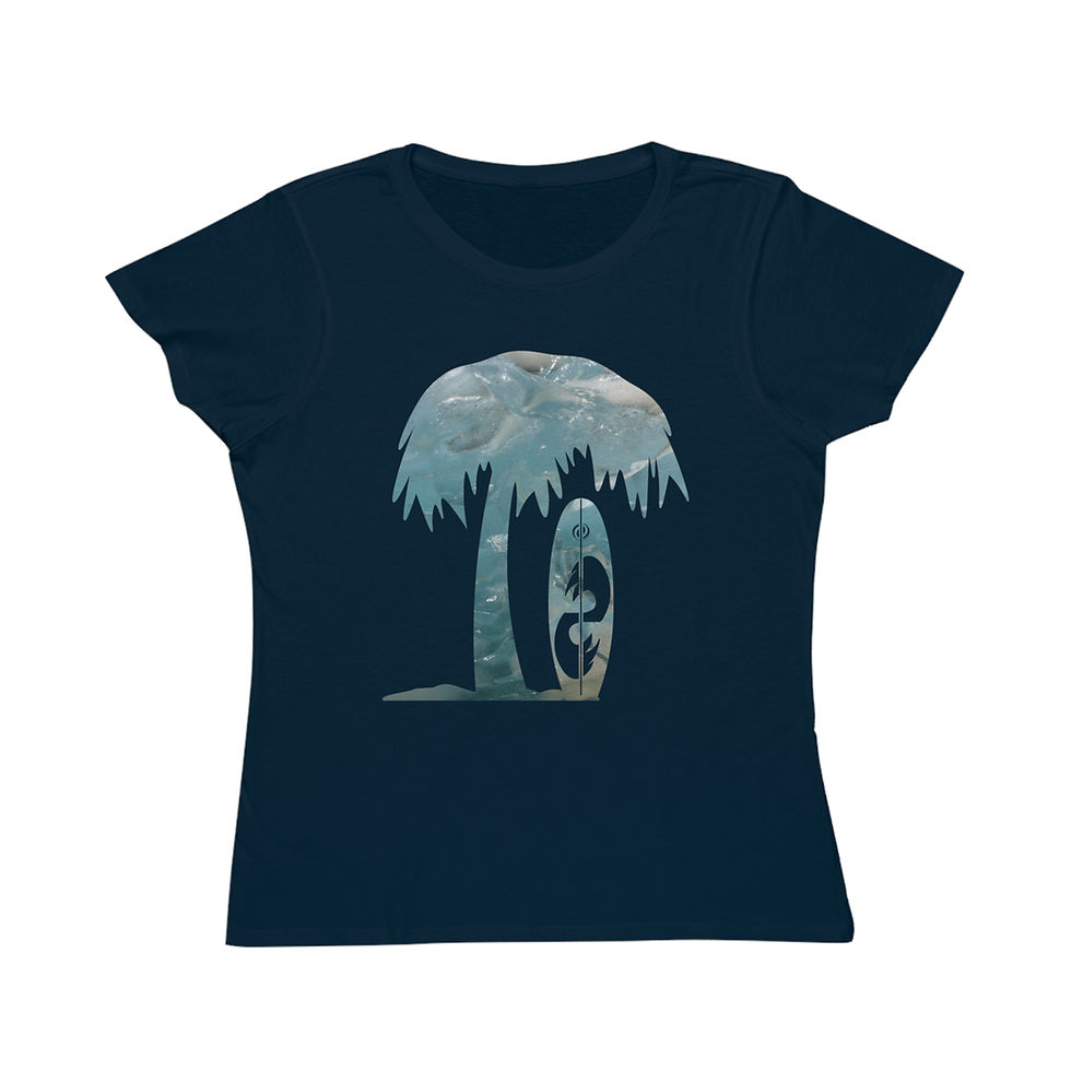 Thumbnail: organic cotton women's t-shirt with tropical summer surfboard graphic coloured by a photo of nature