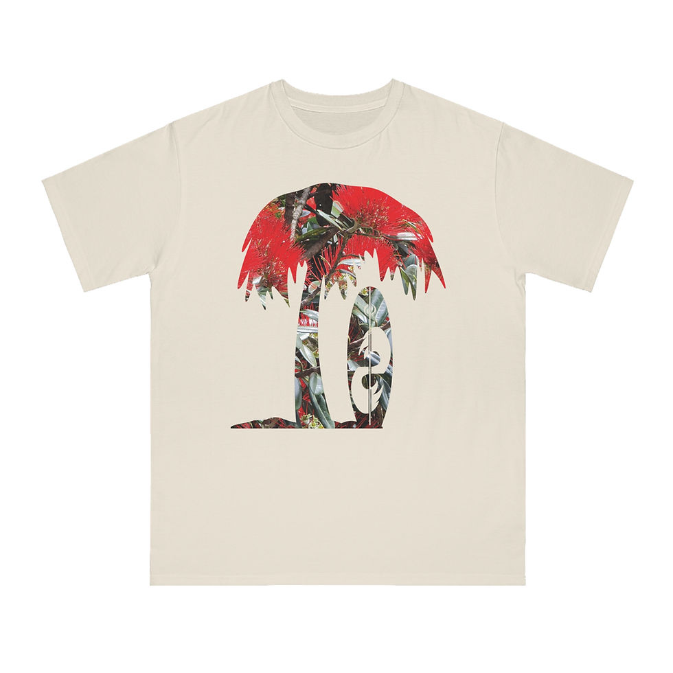 Thumbnail: organic cotton unisex adult t-shirt with tropical summer surfboard graphic coloured by a photo of nature