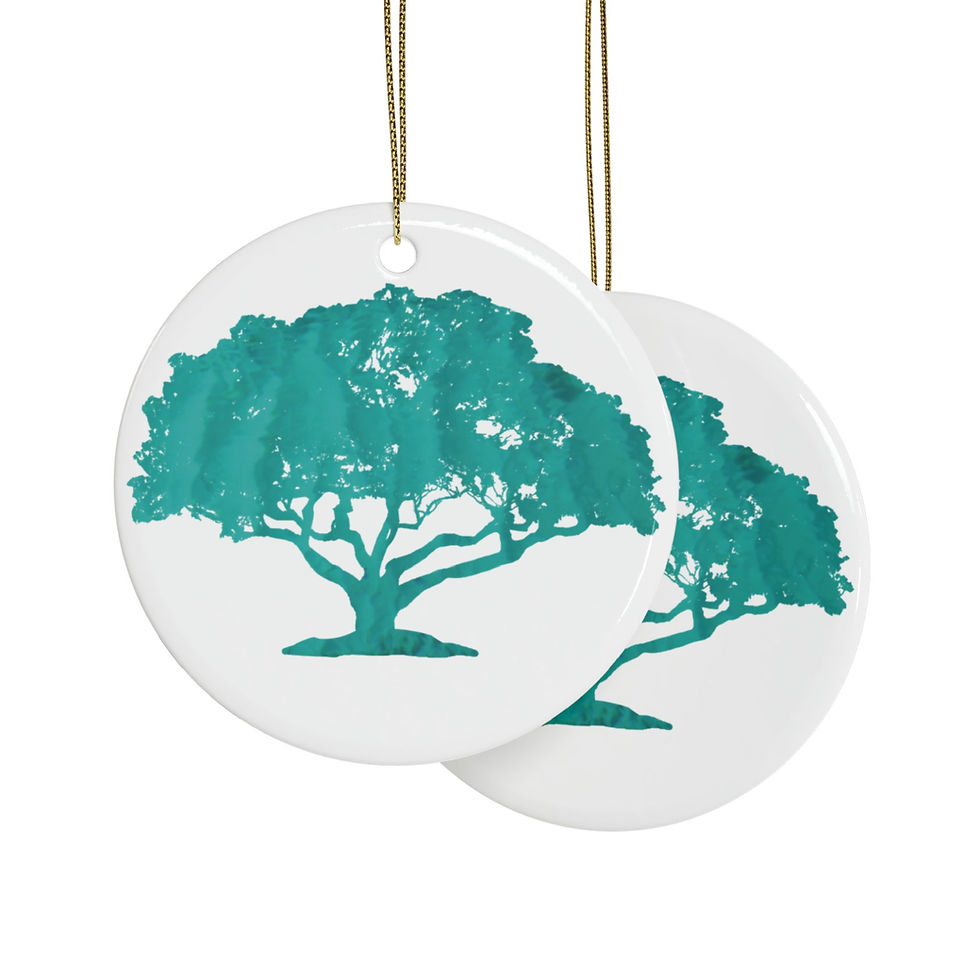 Thumbnail: eco-friendly ceramic hanging ornaments with a tree graphic coloured by a photo of a Mediterranean lagoon, by Nat-Ts