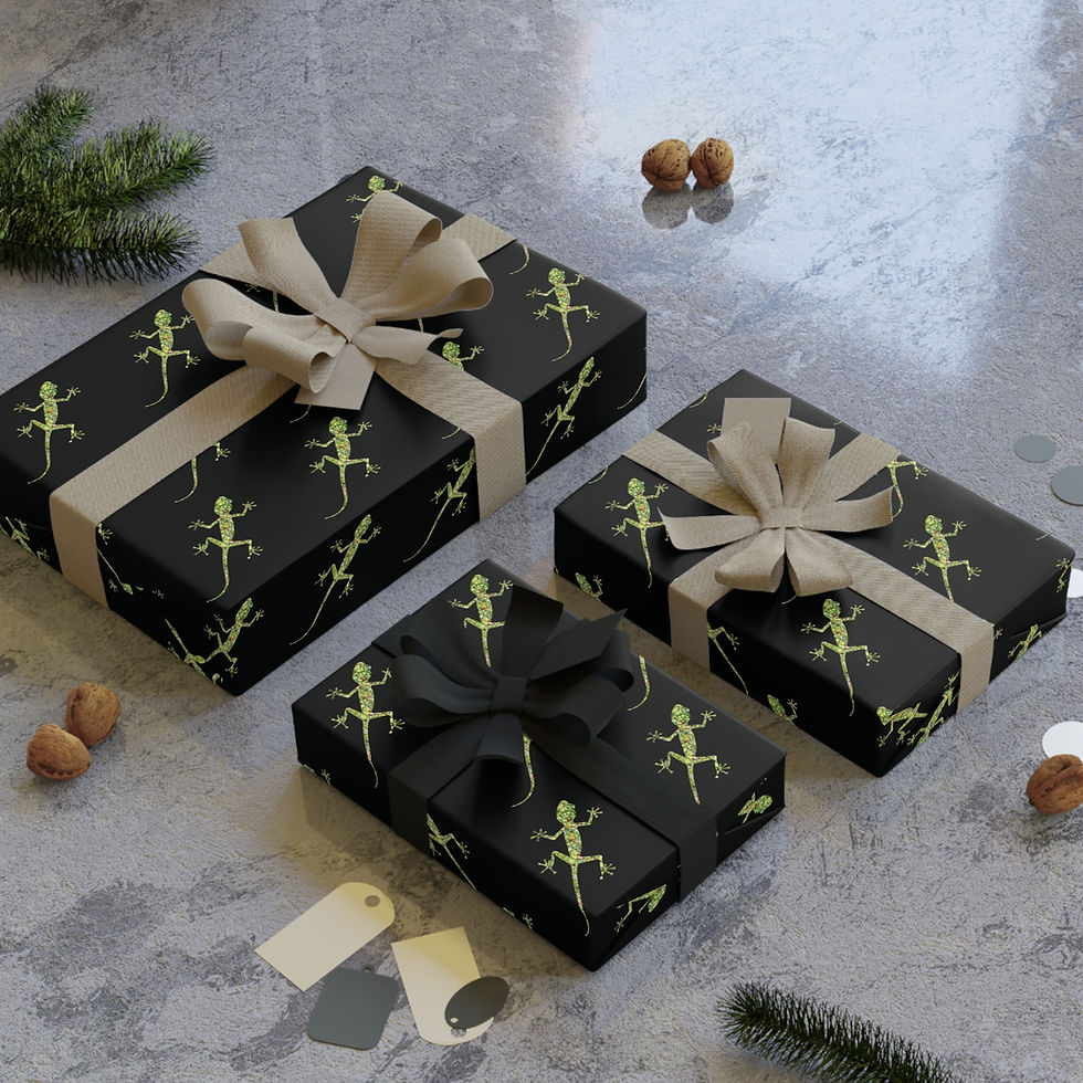 sustainably sourced premium gift wrap with Nat-Ts' adorable gecko graphic coloured by a real photo of nature
