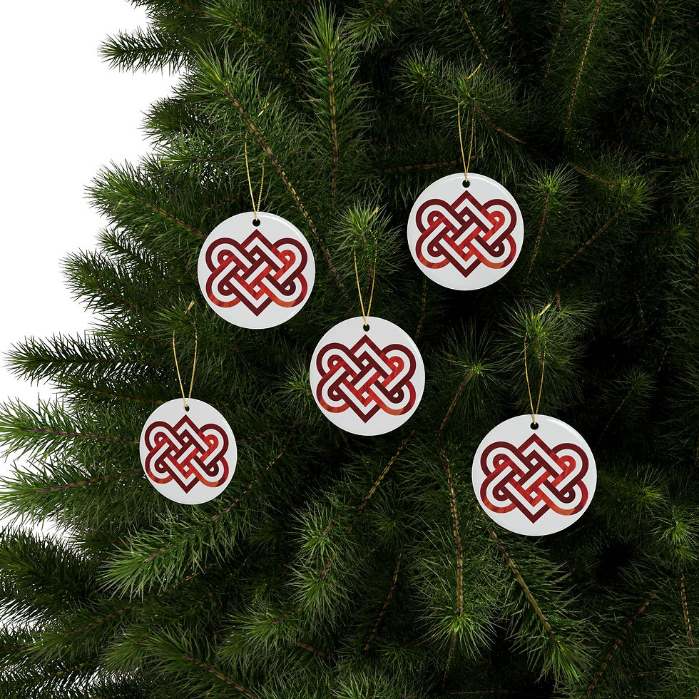 Thumbnail: eco-friendly ceramic hanging ornaments with a Celtic-inspired knot of entwined hearts, by Nat-Ts