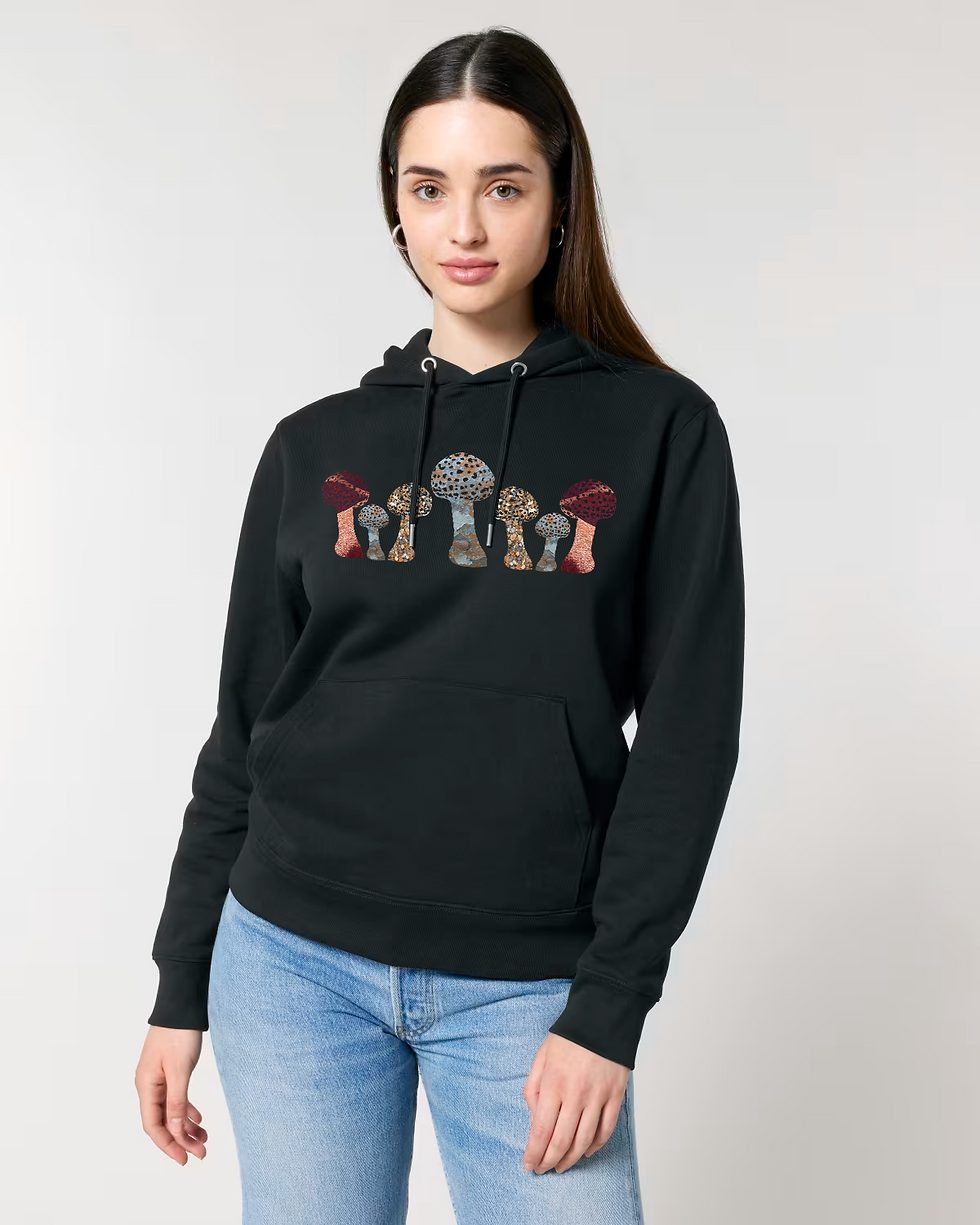Thumbnail: Organic cotton adult hoodie with unique toadstool graphic coloured by photos of nature