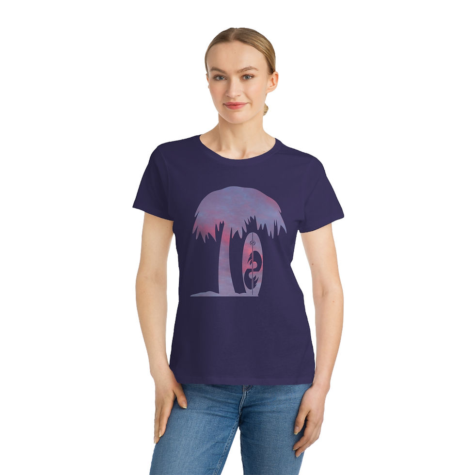Thumbnail: organic cotton women's t-shirt with tropical summer surfboard graphic coloured by a photo of nature