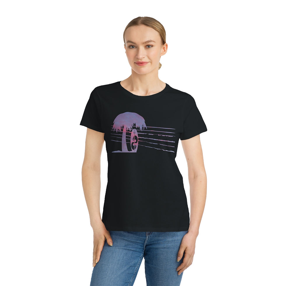 Thumbnail: organic cotton women's t-shirt with tropical summer surfboard graphic coloured by a photo of nature