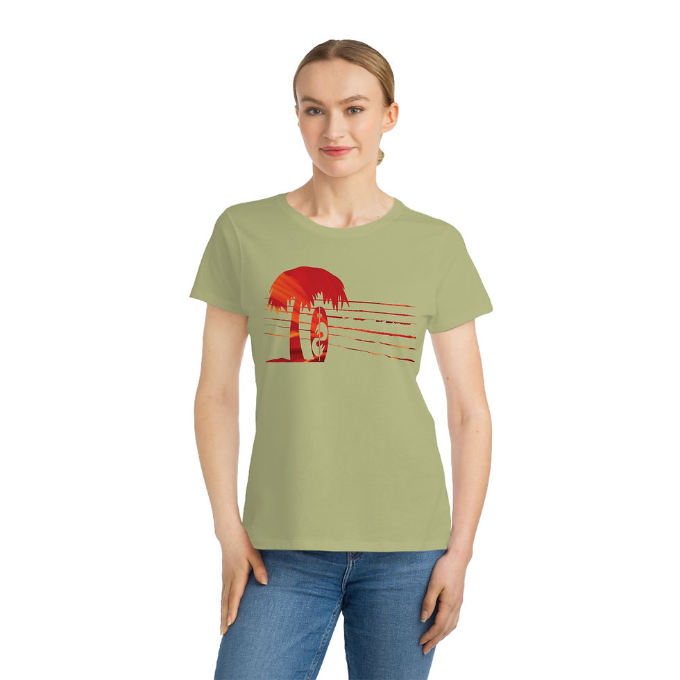 organic cotton women's t-shirt with tropical summer surfboard graphic coloured by a photo of nature