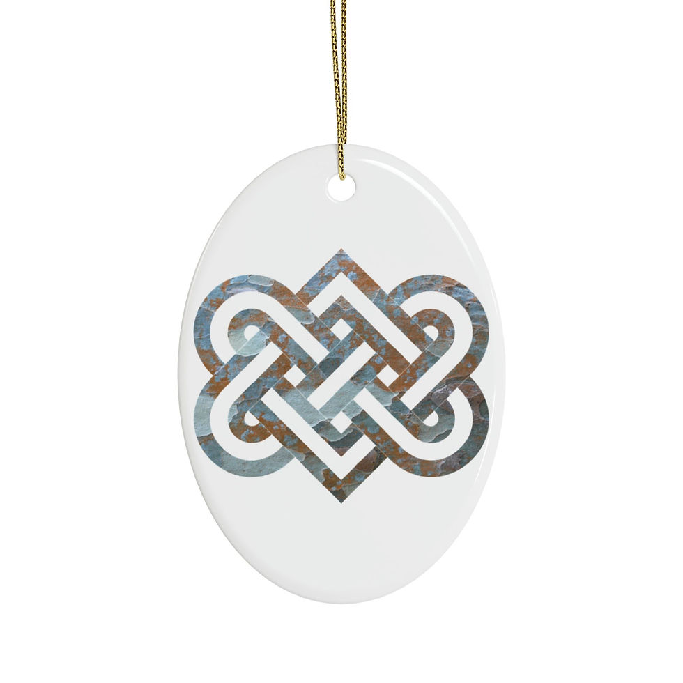 Thumbnail: eco-friendly ceramic hanging ornaments with a Celtic-inspired knot of entwined hearts, by Nat-Ts