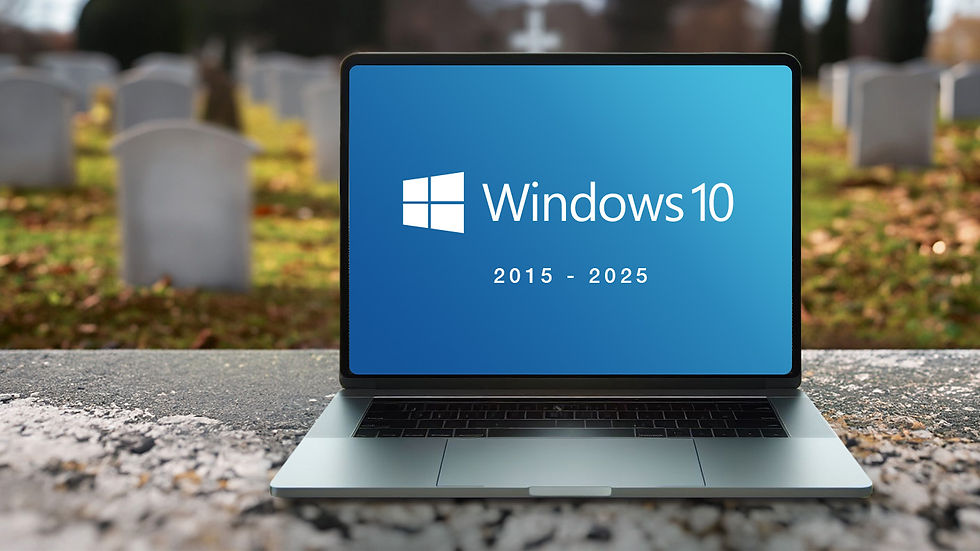 Cemetery with computer as a headstone that says Windows 10 2015-2025