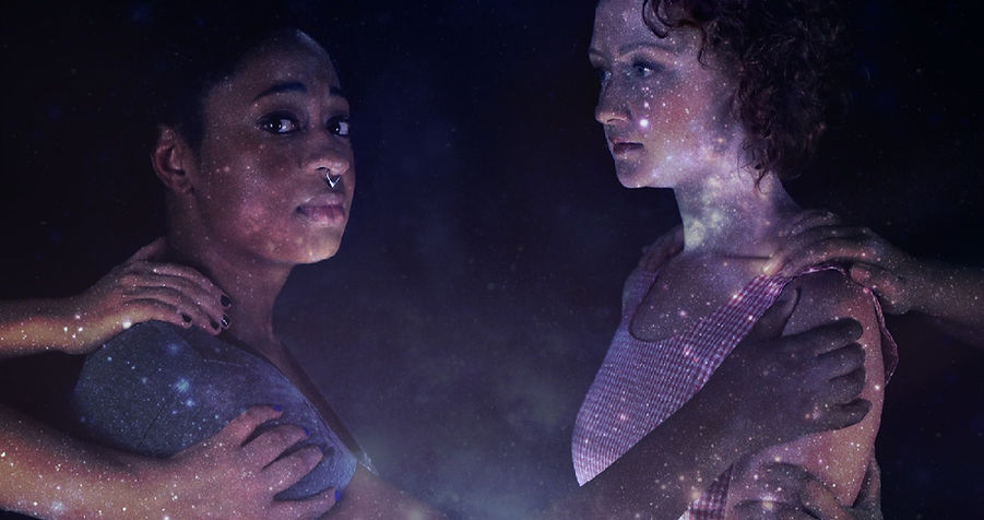 Two women on a background of stars. One looks into the camera mournfully.