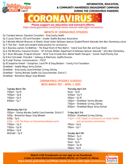 3-31-20 Schedule for series "Impacts of Coronavirus on S Seattle & Surrounding Communities&