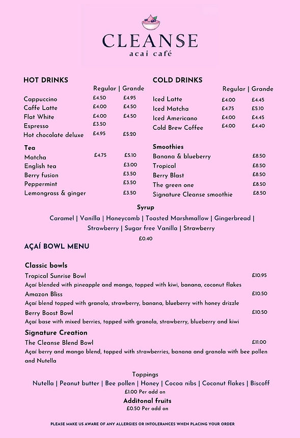 Healthy food menu and breakfast menu with açai bowls, match and coffee