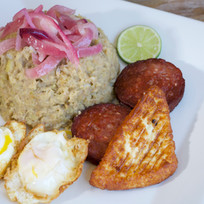 Mashed Green Plantains, Dominican Sausage, Fried Cheese, Fried Eggs