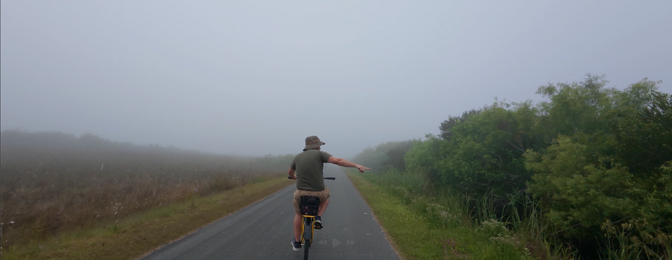 Noah on a bicycle pointing towards an alligator off screen