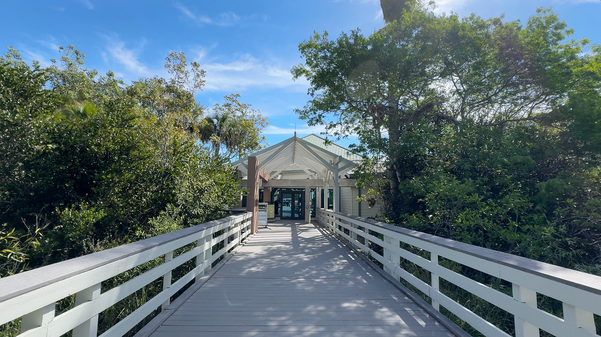 Boardwalk leading up to the entrance to the Ernest F Coe Visitor Center in the Everglades National Park