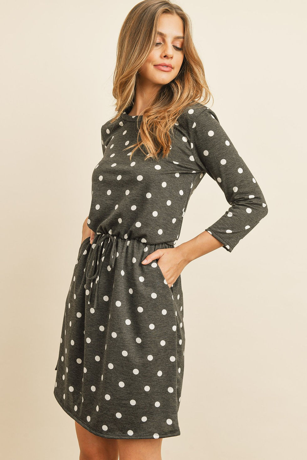 Thumbnail: Polka Dot Print French Terry Cinch Waist Tie Front Dress With Pockets