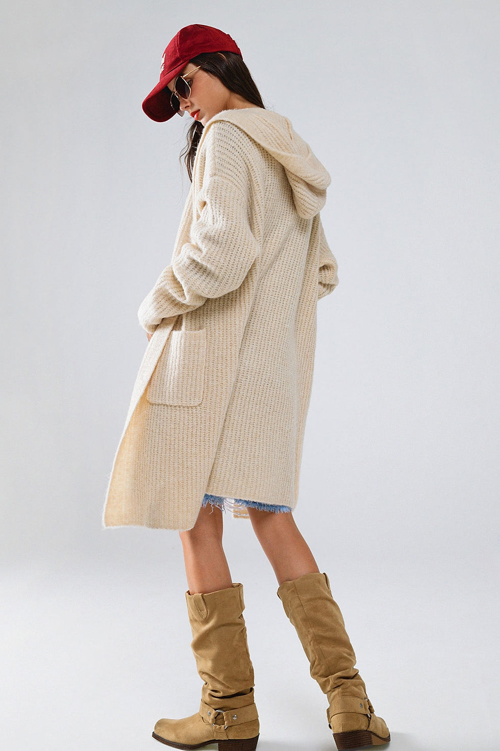Thumbnail: Long Ribbed Cardigan With Pockes and Hood in Cream