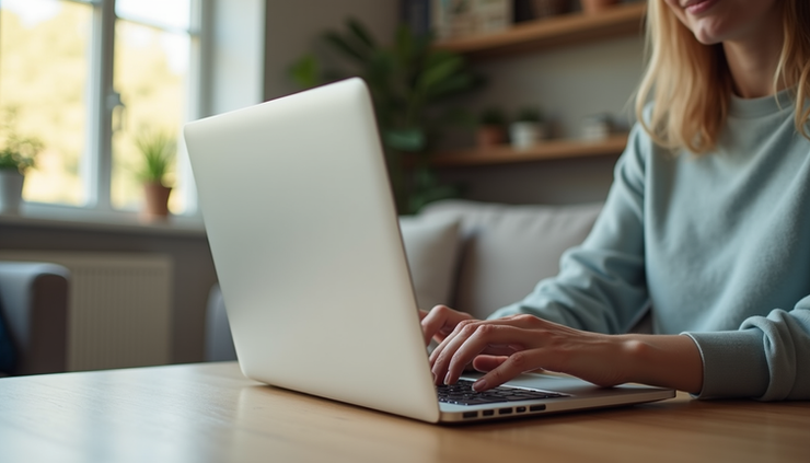Nærbilde av en person som jobber avslappet med laptop i en lys stue