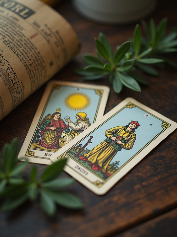 En samling av vakkert illustrerte tarotkort lagt ut på en nøytral, myk overflate.