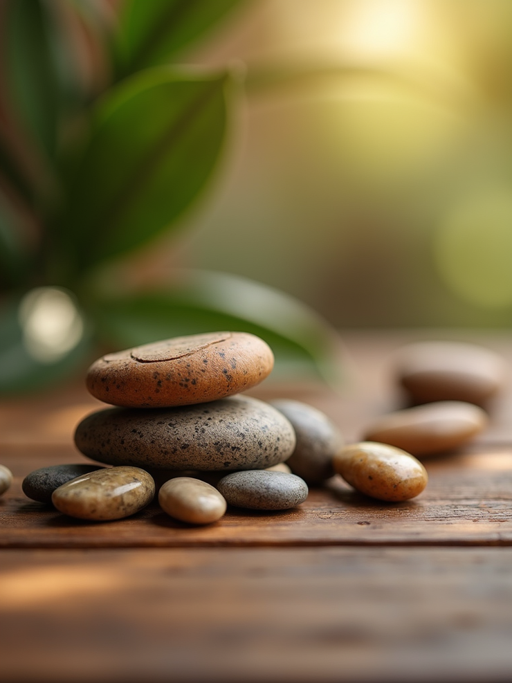 Smooth warm natural stones and small bottles of essential oils on a wooden base