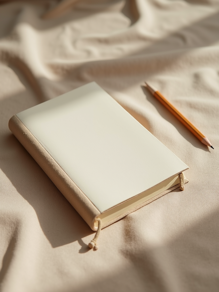An aesthetic linen journal and wooden pencil resting on soft beige fabric