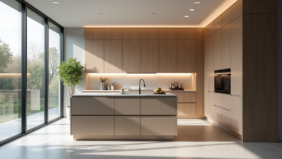 Eye-level view of sleek frameless kitchen cabinets with integrated lighting
