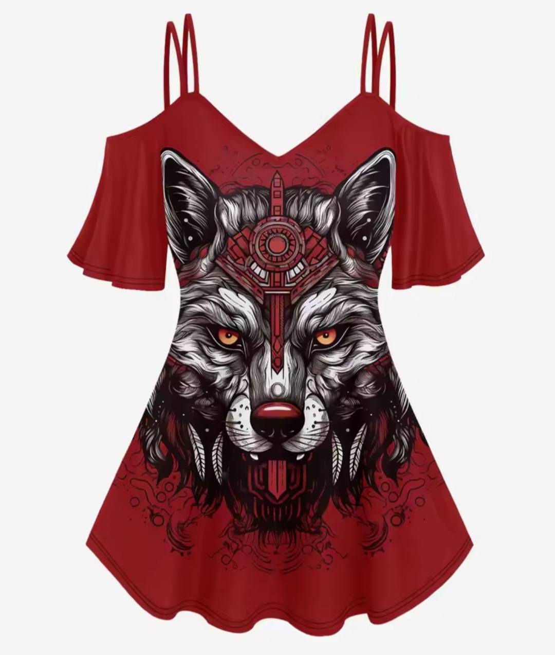 Open shoulder 3D Wolf design short sleeve T-shirt