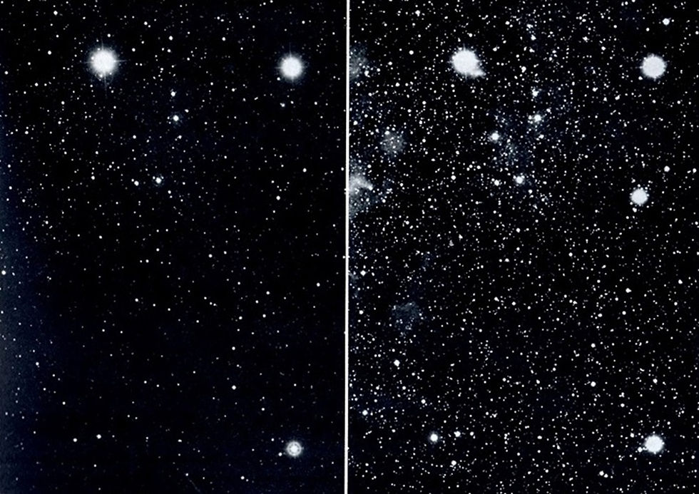 The number of stars in a same portion of the sky, with shorter and longer exposure of film