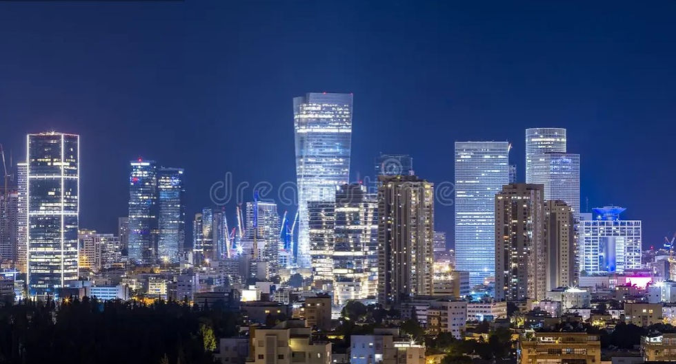 High angle view of the modern cityscape of Tel Aviv with historical landmarks