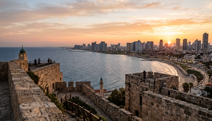Vue grand angle de Jaffa et de la côte de Tel Aviv au lever du soleil.