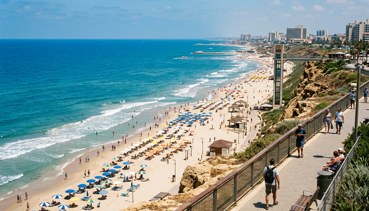 Vue en hauteur de la plage Sironit à Netanya avec la mer bleue et les parasols.