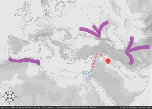 Jewish diaspora around 600 BCE, after the Babylonian conquest