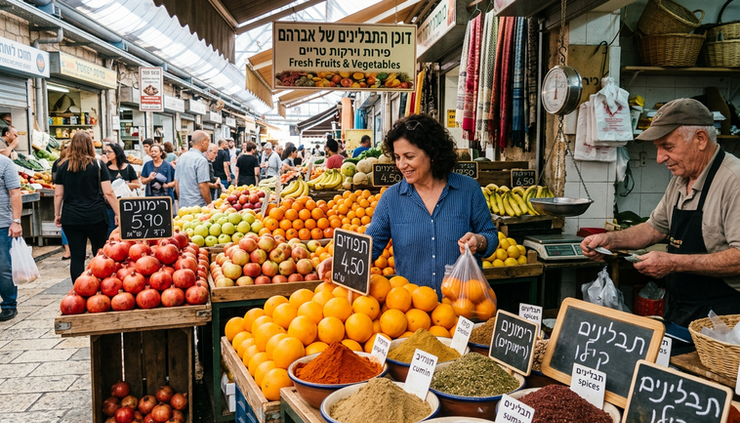 Vue au niveau de la rue d’un étal de fruits et d’épices au marché de Netanya.