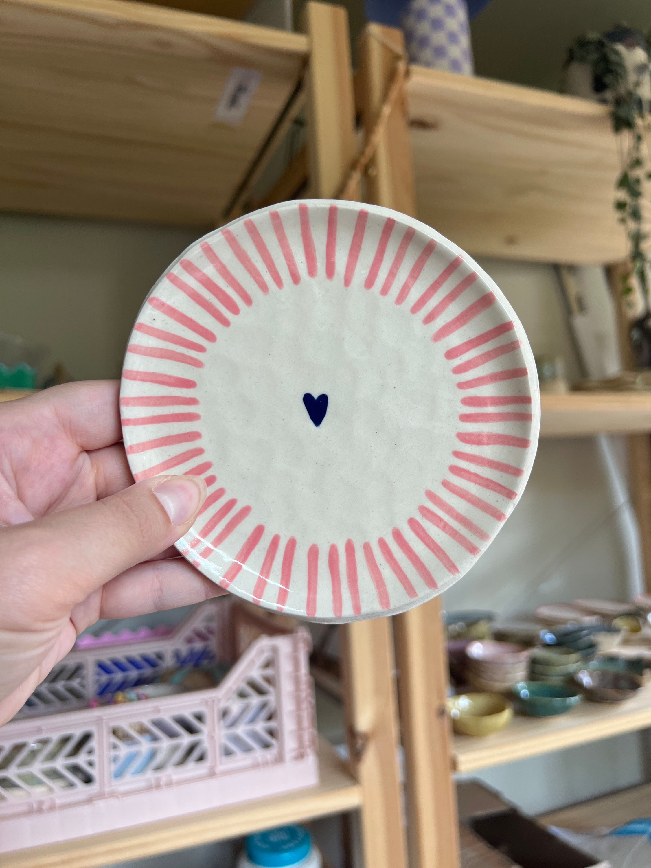 Hand Painted Plate - Pink Lines & Blue Heart