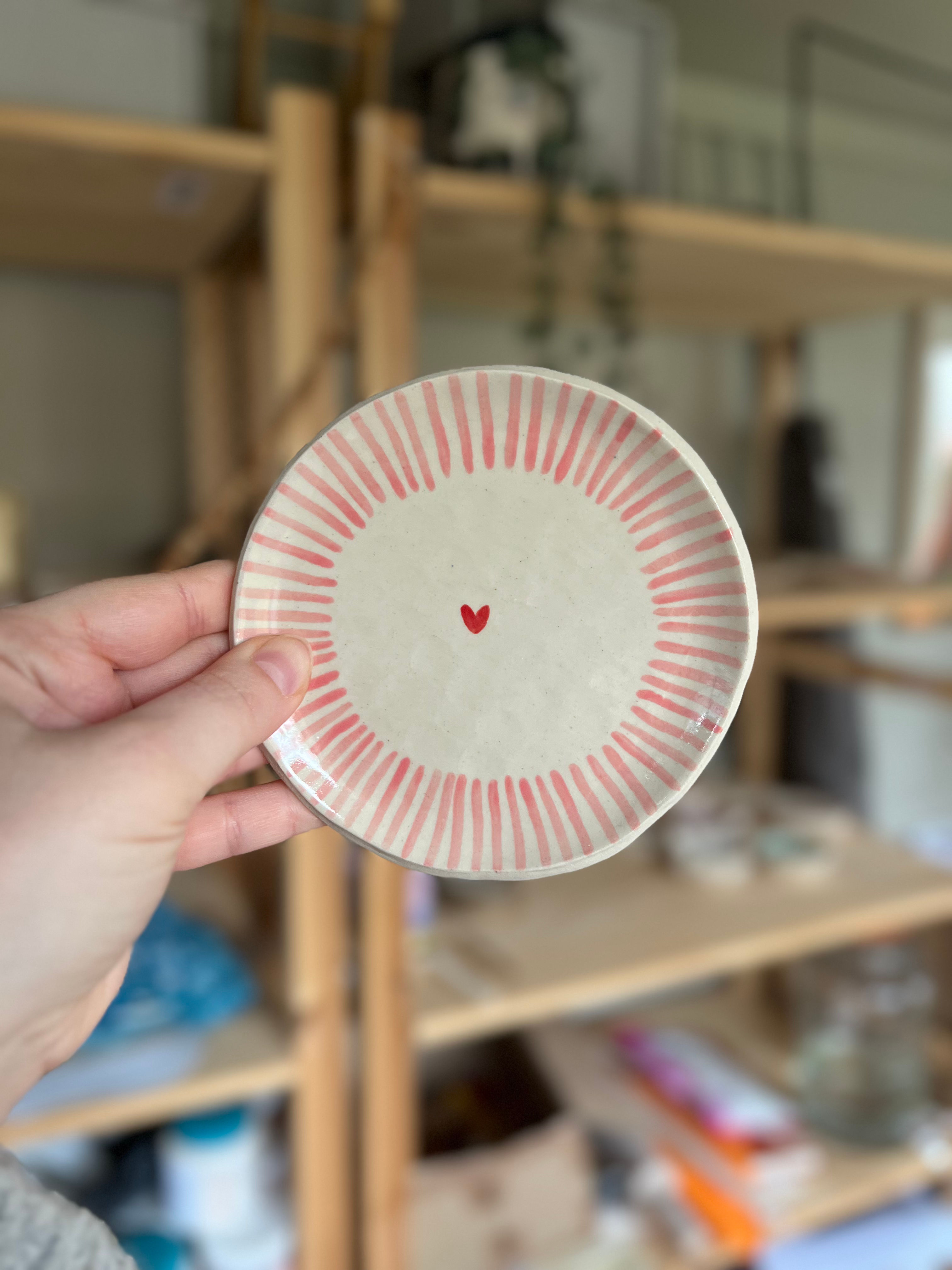 Hand Painted Plate - Pink Lines, Red Heart