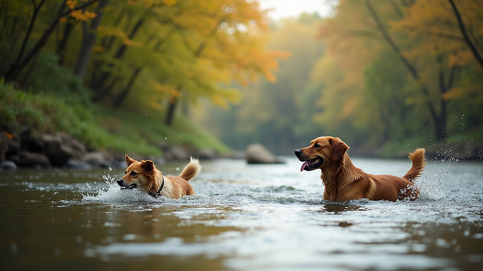 Wide angle view of the Savannah River Rapids with dogs playing in the water