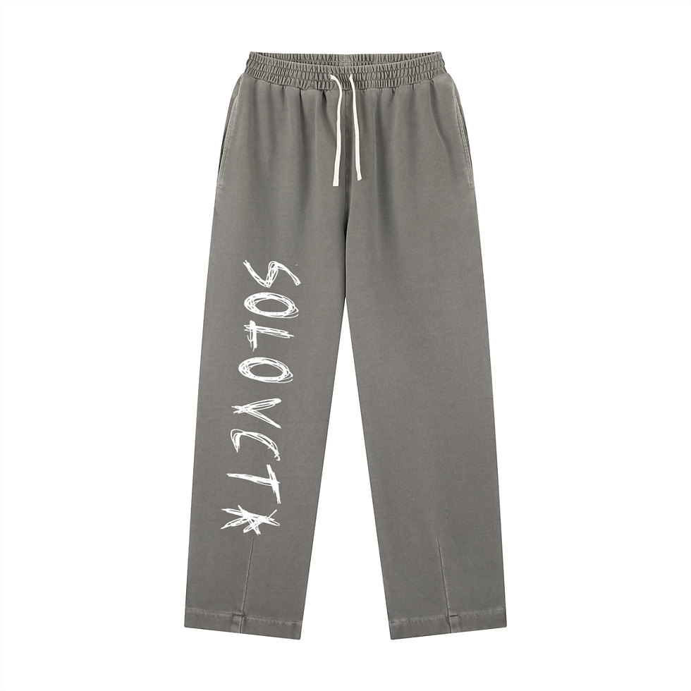 Thumbnail: Grey straight leg sweatpants, white 'SOLOYCTK' text, and drawstring waist.
