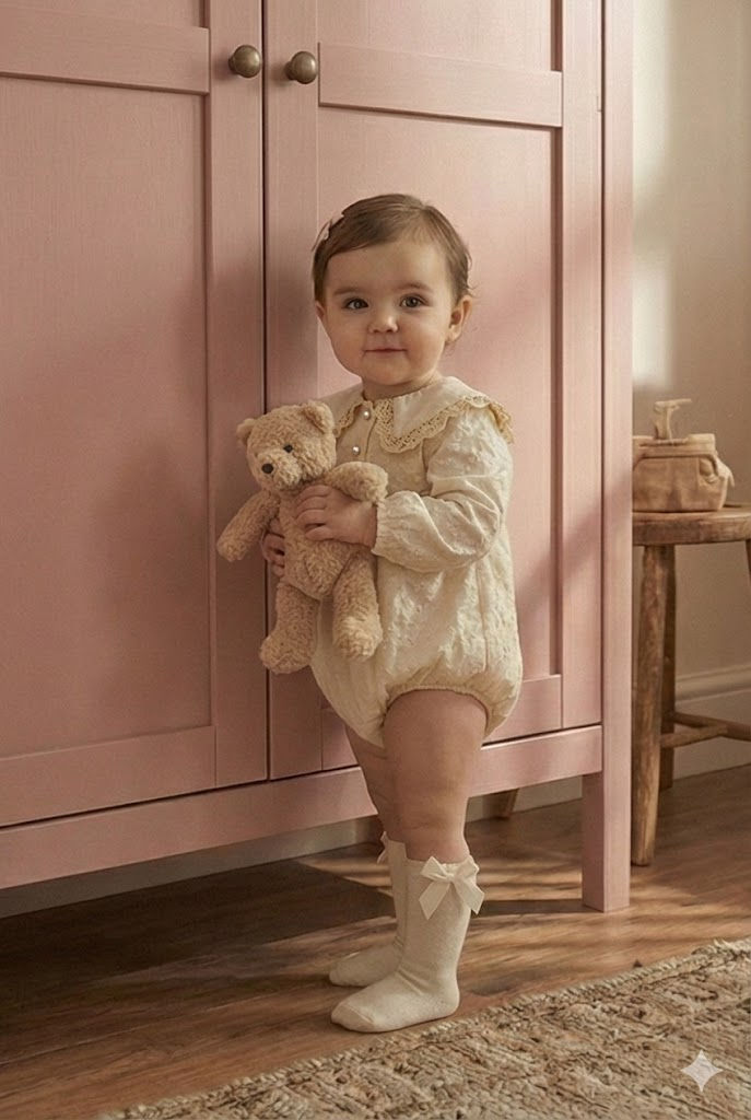 A toddler wearing beige romper with high socks holding a teddy bear