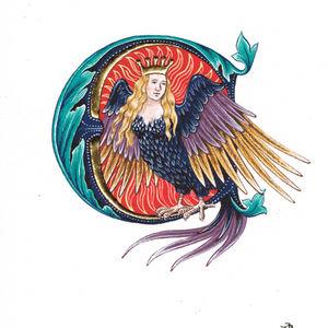 Grünblaue Initiale C mit Harpyie und Blattgoldverzierung. Der Hintergrund in der Initiale ist rot mit gelber Strahlenverzierung. 